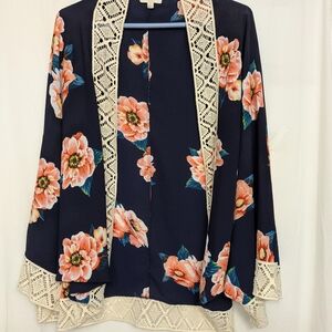 Umgee Floral Boho Kimono Cardigan Lace Trim Small